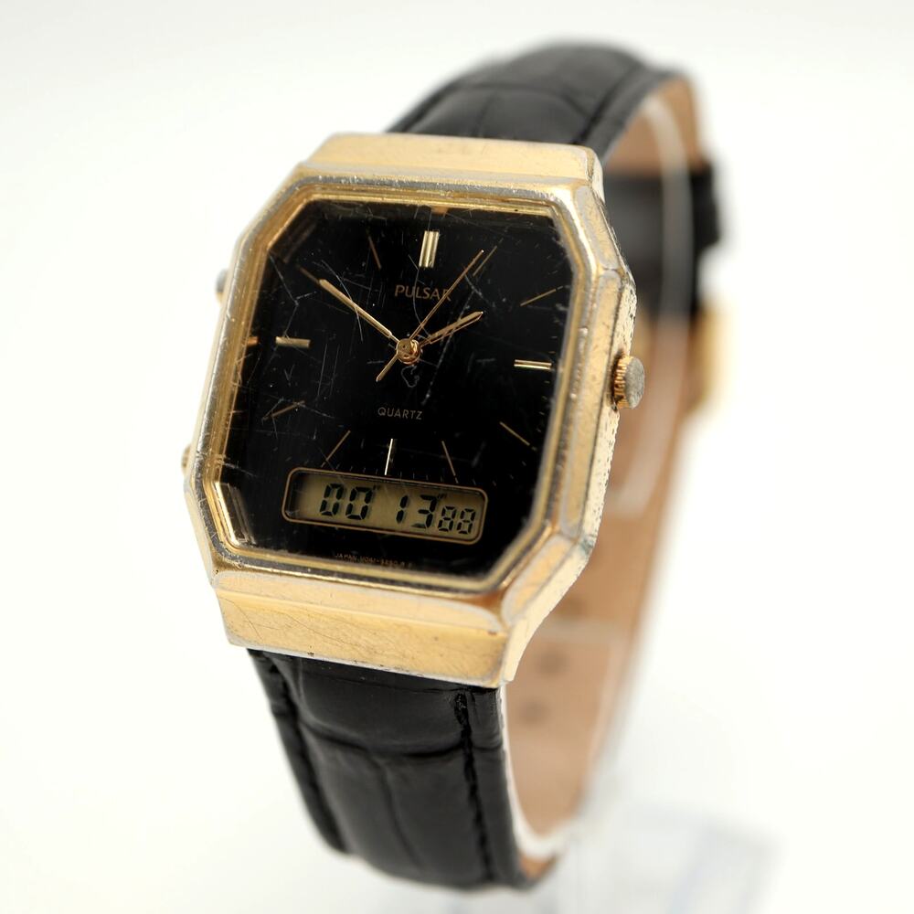Pulsar Analog Digital 29mm Watch Black Dial Gold Octagon V041-5180 w New Battery